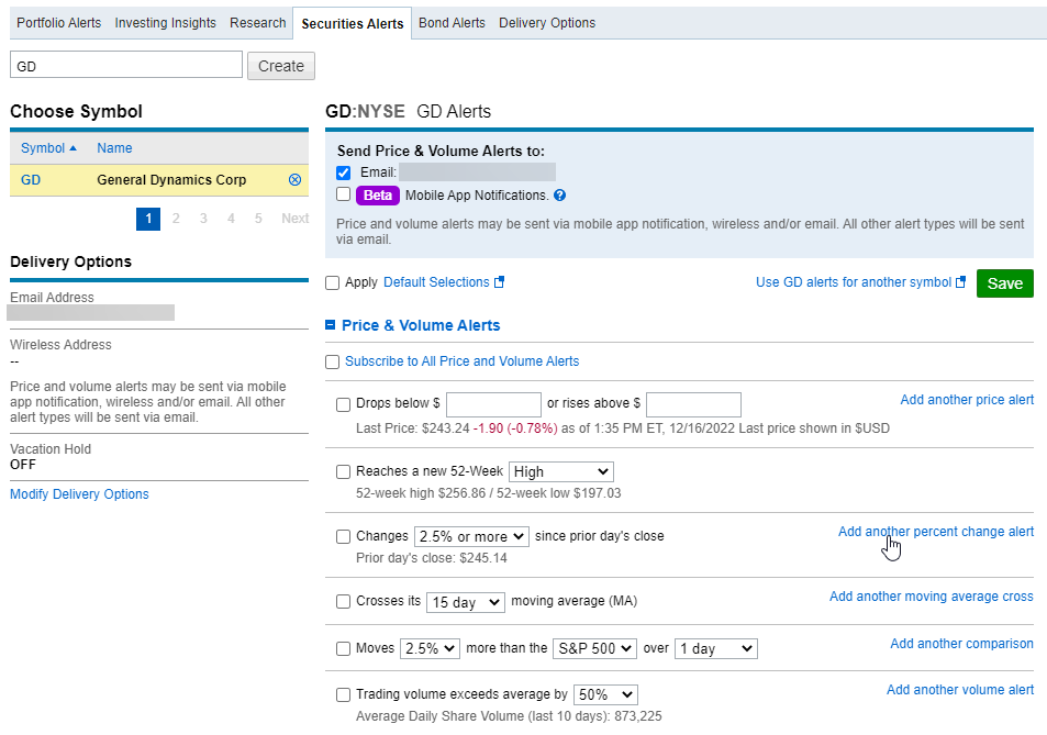 This is an example of Securities Alerts on Schwab.com, featuring a range of Price and Volume Alerts available.