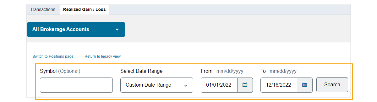 这是在嘉信理财网站上的「已实现利得/损失」标签的示例，能够按代号和日期范围搜寻。