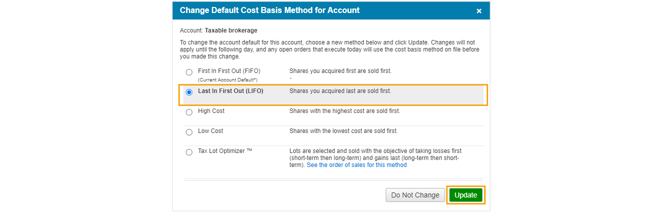 这是如何更改帐户预设和确定您首选成本基础法的示例。