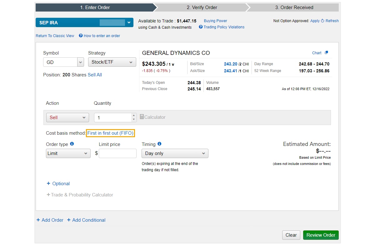 这是成本基础法设定为先进先出（FIFO）的嘉信理财交易订单示例。 