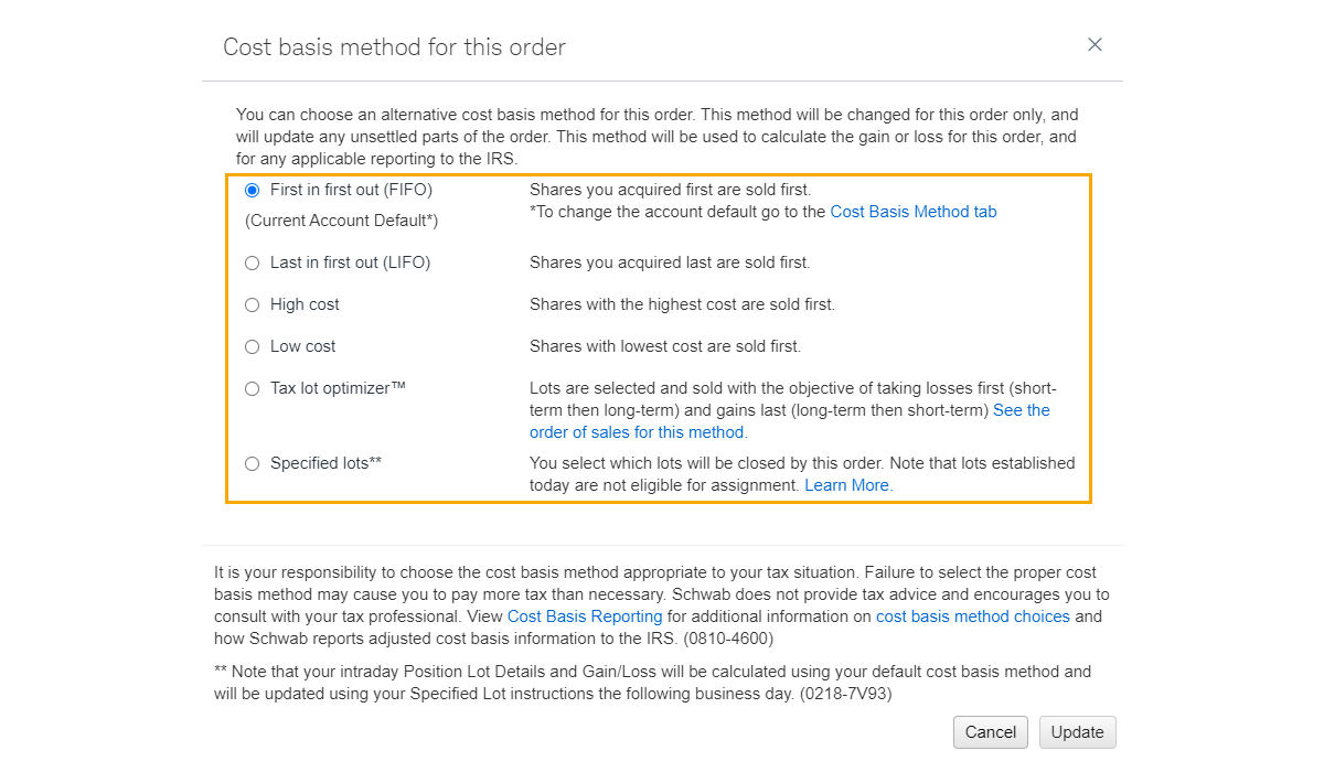 这是在嘉信理财网站上输入订单流程的示例，显示各种成本基础法选项。 