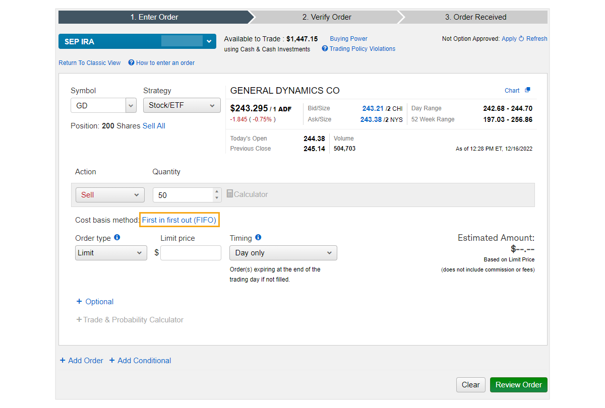 这是成本基础法设定为先进先出（FIFO）的嘉信理财交易订单示例。 