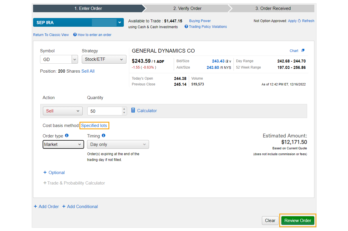 这是显示成本基础法更新为指定股数的嘉信理财交易订单示例。 