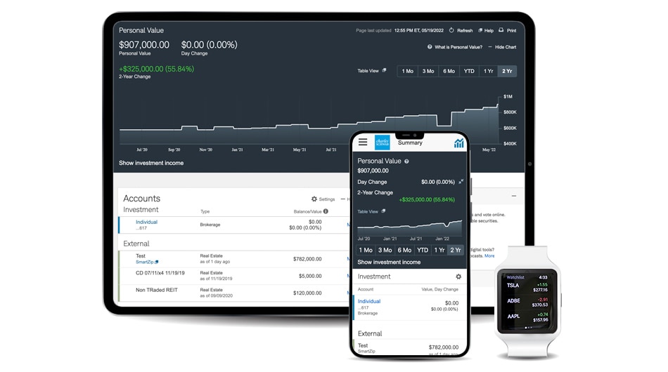 Mobile devices demonstrate the functionality of the Schwab Mobile app.