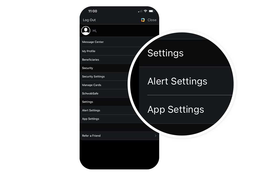 这是“个人资料”菜单的示例，显示嘉信理财移动应用程序中的提醒设置。