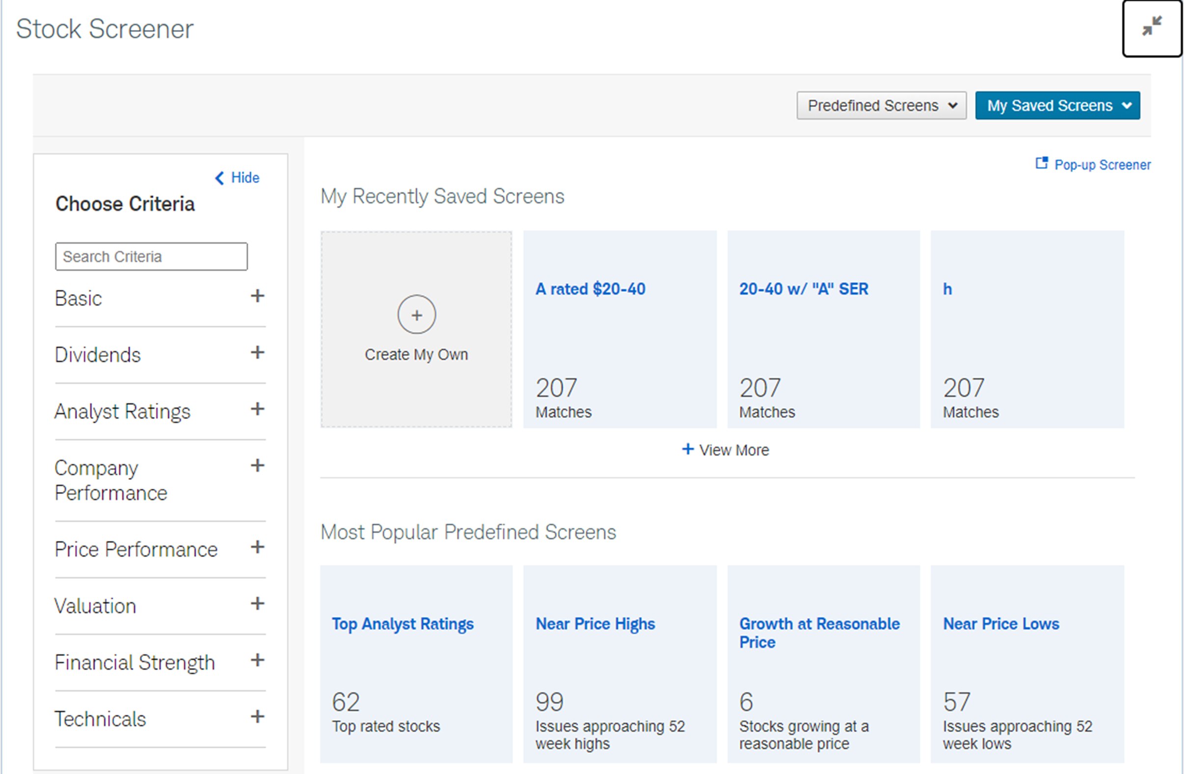 This is an example of the stock screener, showing search criteria, recently saved screens, and the most popular predefined screens.