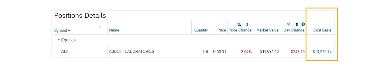 这是「库存」页面的示例，其中包括「成本基础」栏。