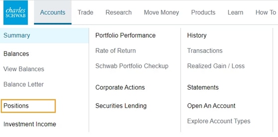 Screenshot of menu showing Positions highlighted 