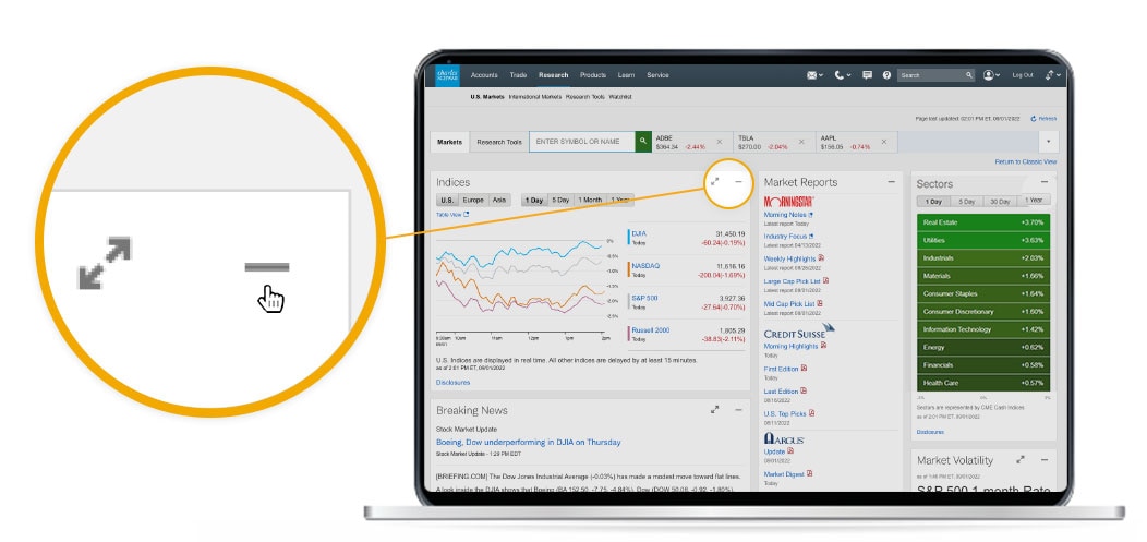 Schwab.com 上研究中心的一个示例，提供了可自行设定可自訂 的市场研究摘要。