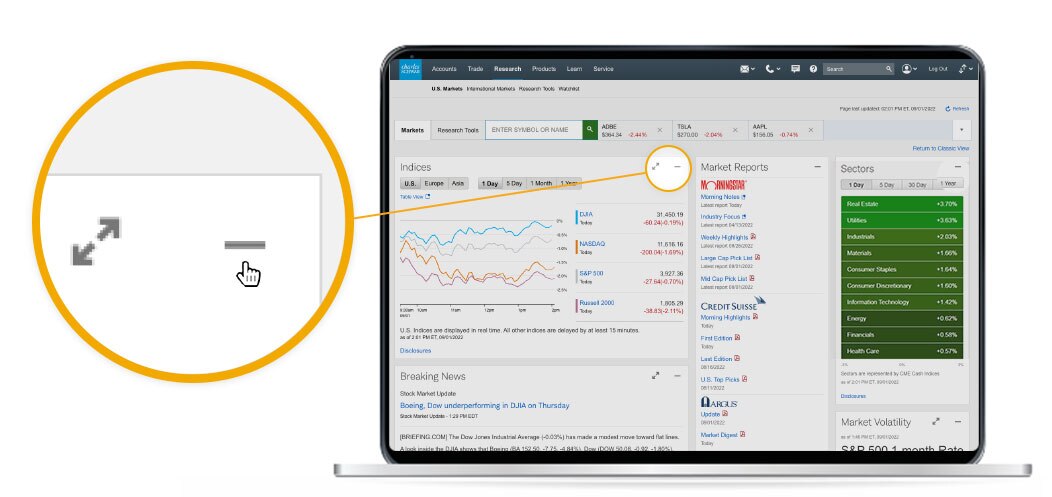 This is an example of the Research Center on Schwab.com, featuring a customizable market research summary.