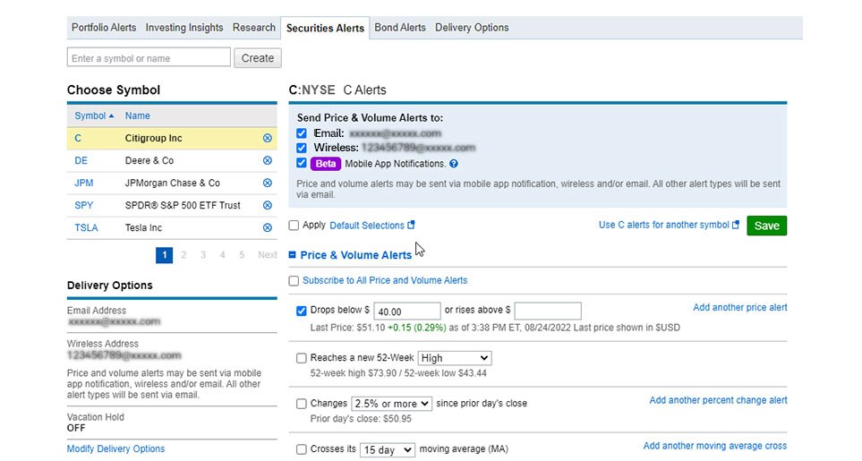 这是 Schwab.com 上证券提醒的示例，有一系列可用的价格及成交量提醒。