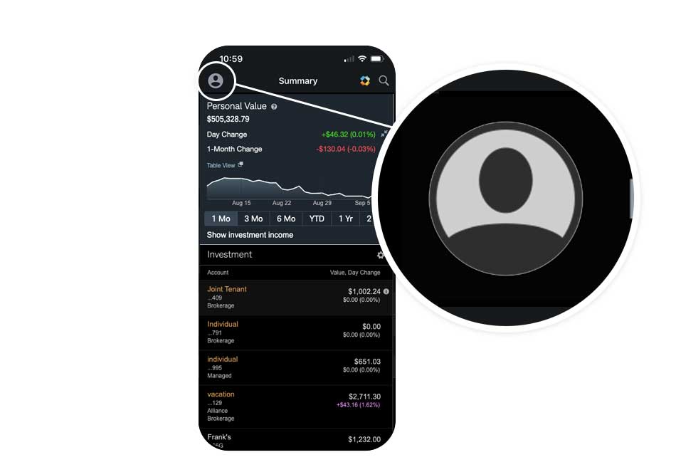 这是嘉信理财移动应用程序中“帐户一览”界面的示例。