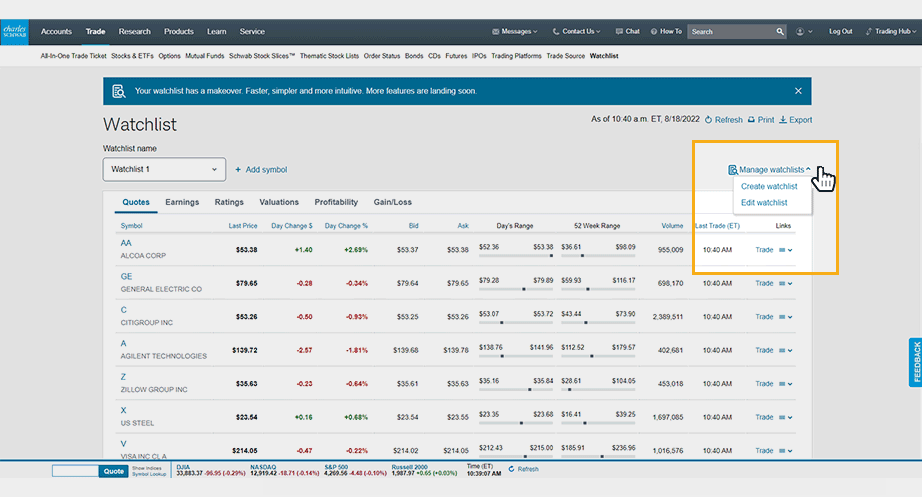 This is an example of the Manage watchlists dropdown menu.