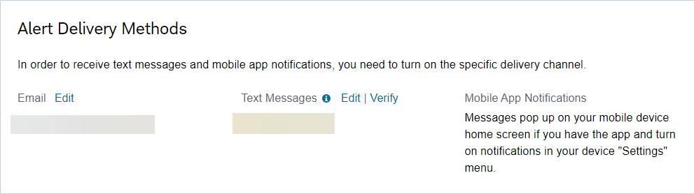 This is a screenshot of alert delivery methods and where to confirm contact details.