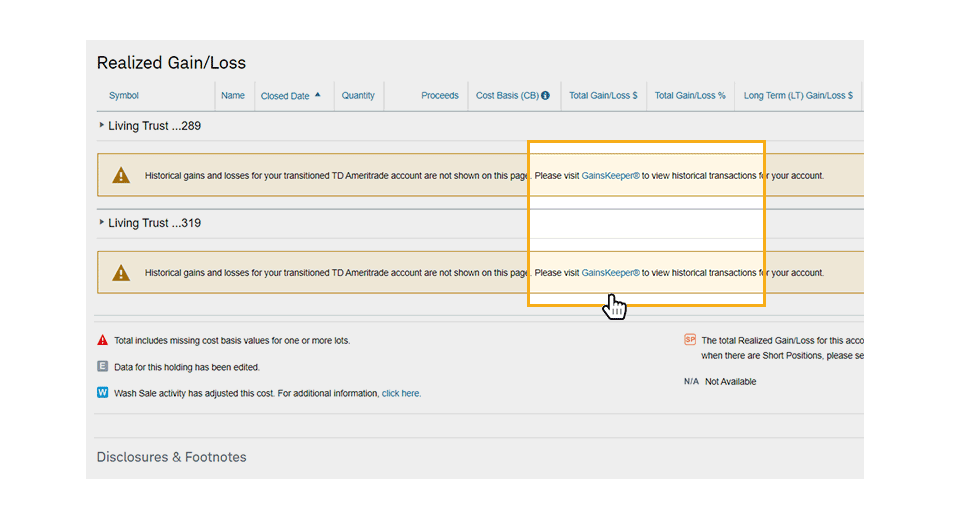 这是在嘉信理财网站上「已实现利得/损失」标签以所有帐户检视格式出现的示例。