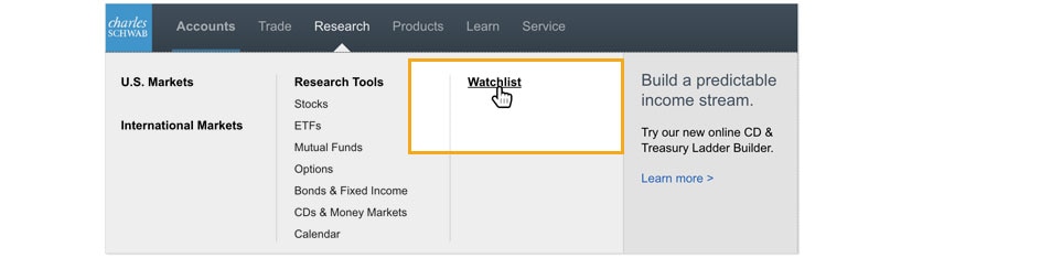 这是 Schwab.com 上导览菜单的示例，显示观察列表在“研究”部分中的位置。